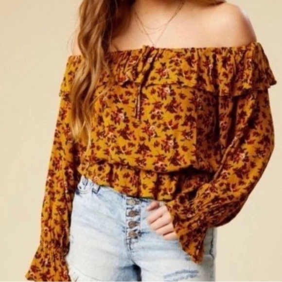 Altar'd State Large Off Shoulder Mustard Yellow Floral Long Sleeve Crop Top - Picture 1 of 9